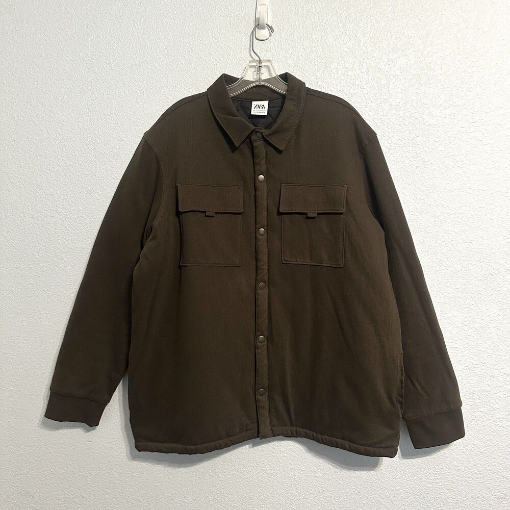 Zara Mens Cotton Olive Brown Button Up Jacket Pocket Overshirt Shacket Size XL